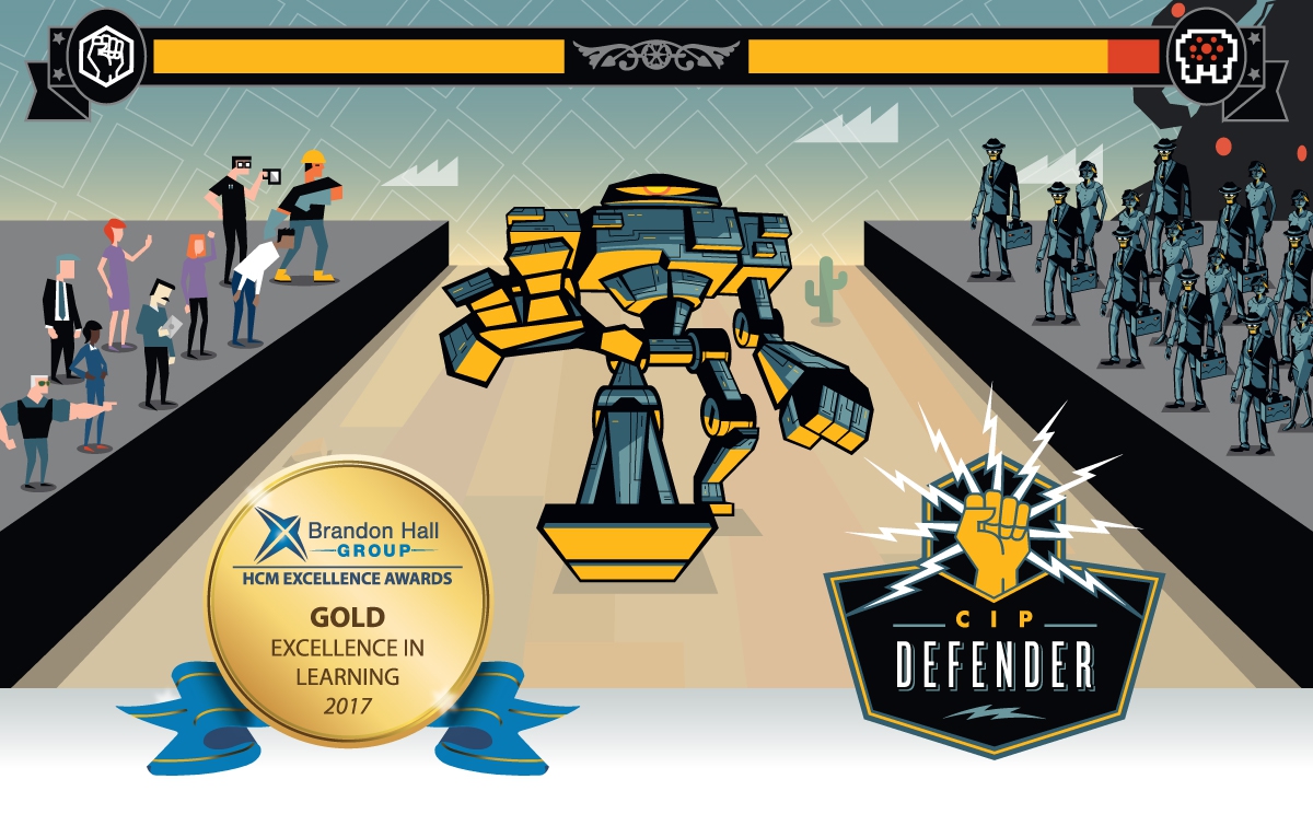 Brandon Hall Gold Award photo and CIP Defender logo and screen example